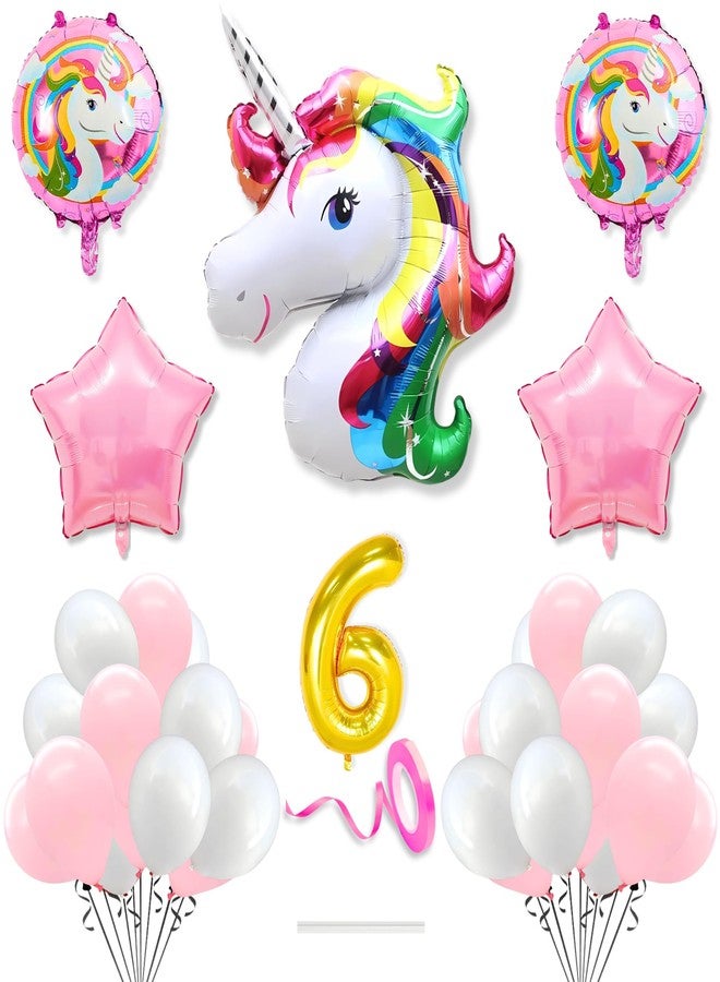 Flyloons 6th Unicorn Theme Birthday Decoration Kit Pink White for 6 year Old Baby Boys Girls Kids 5 Pcs Unicorn Theme 30 Pcs Pastel Balloons Decoration Set Items 2 Pcs Pink Star - Image 1